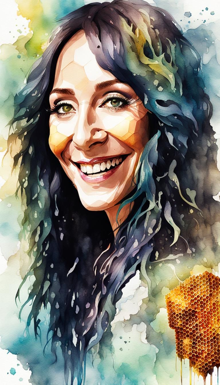 Smiling Cher with Honeycomb Wig, Watercolor Caricature