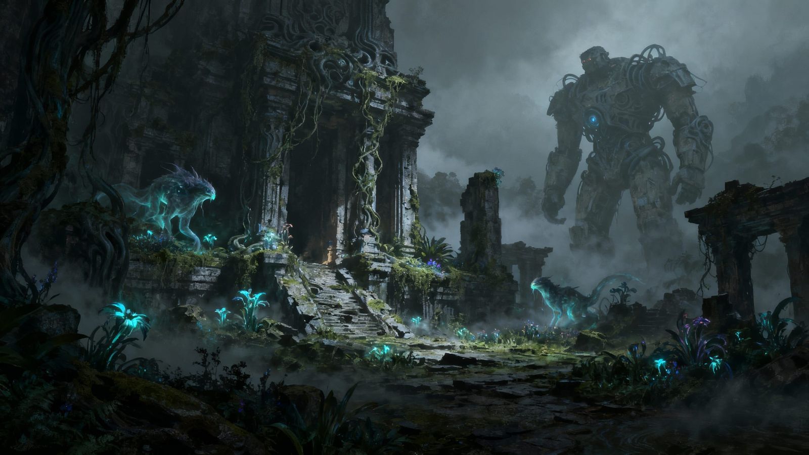 Bioluminescent Jungle Temple with Ethereal Creatures