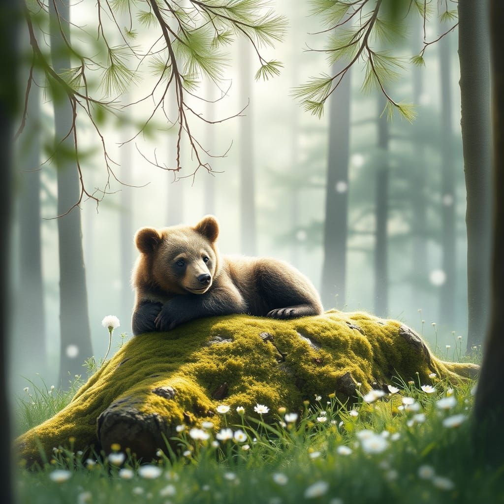 Bear Cub in Serene Spruce Forest