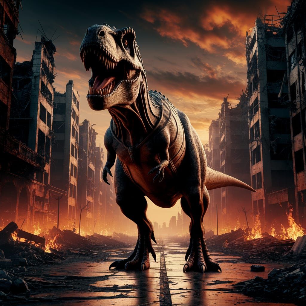 Dinosaur Reigns Over Apocalypse in Cyberpunk Landscape