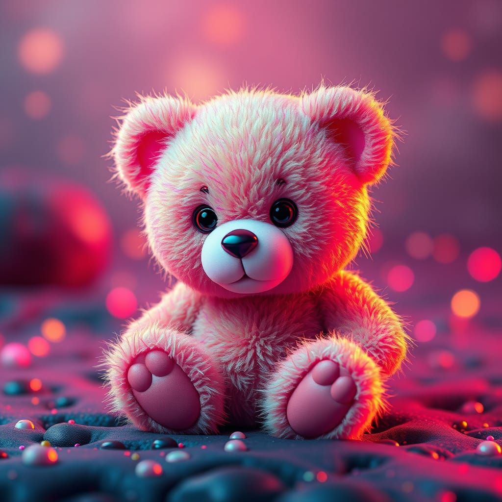 Vibrant Teddy Bear in Dreamy, Ethereal Landscape