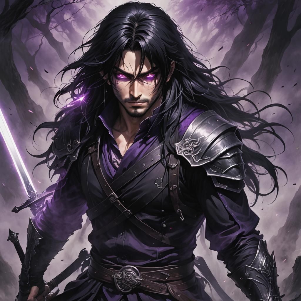 Dark Anime Swordsman with Shadow Mist, Hyperrealistic Portra...