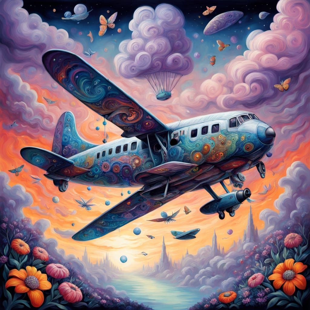 Surreal Airplane Nebula Floating in Lavender Clouds