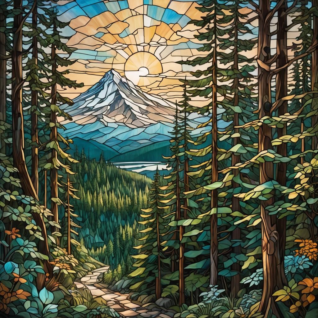 Stained Glass Mt. Hood Landscape in Art Nouveau Style