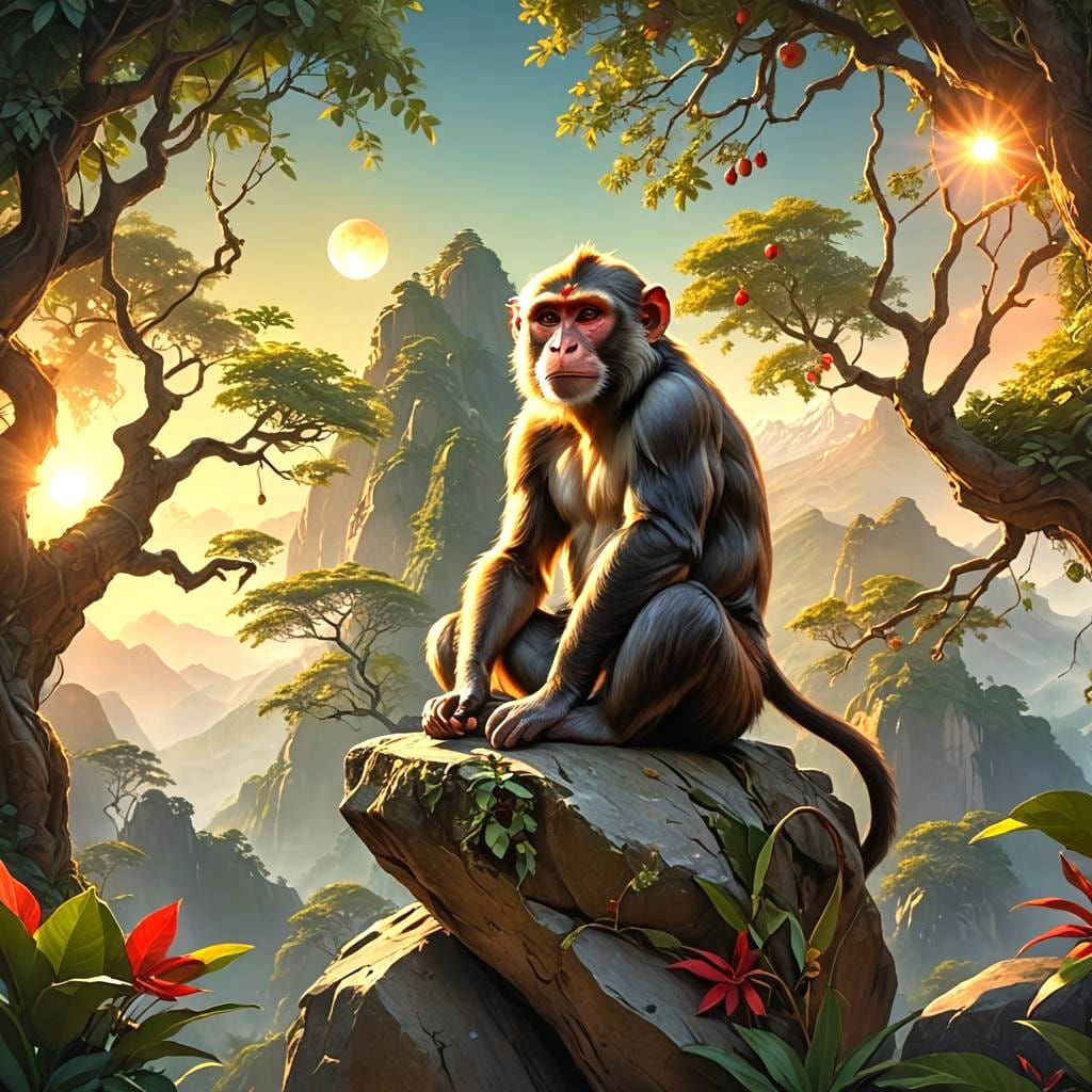 Yoga Monkey in Snow Himalayas: Fantasy Concept Art