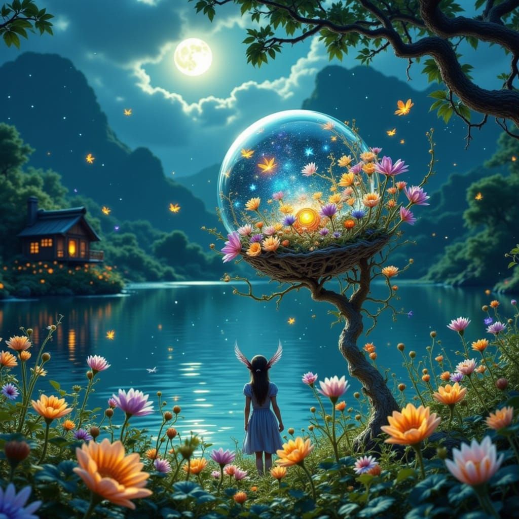 Enchanted Elf in Moonlit Landscape with Cosmic Orb
