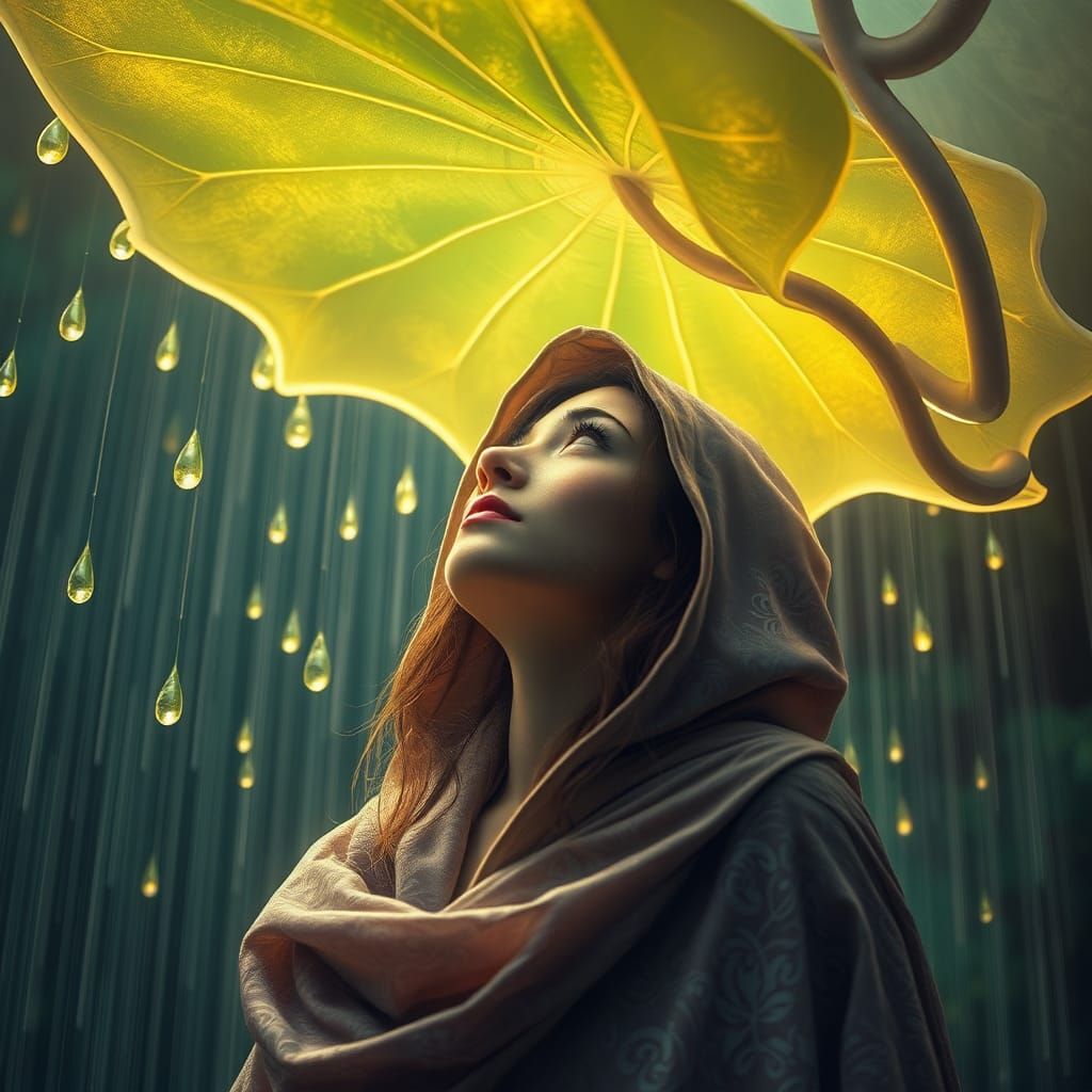 Woman Under Luminous Olive Leaf in Art Nouveau Style