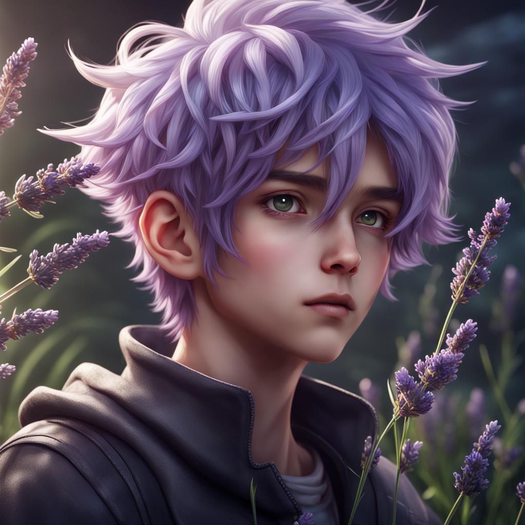 Anime Boy with Lavender Hair, Detailed Fantasy Art