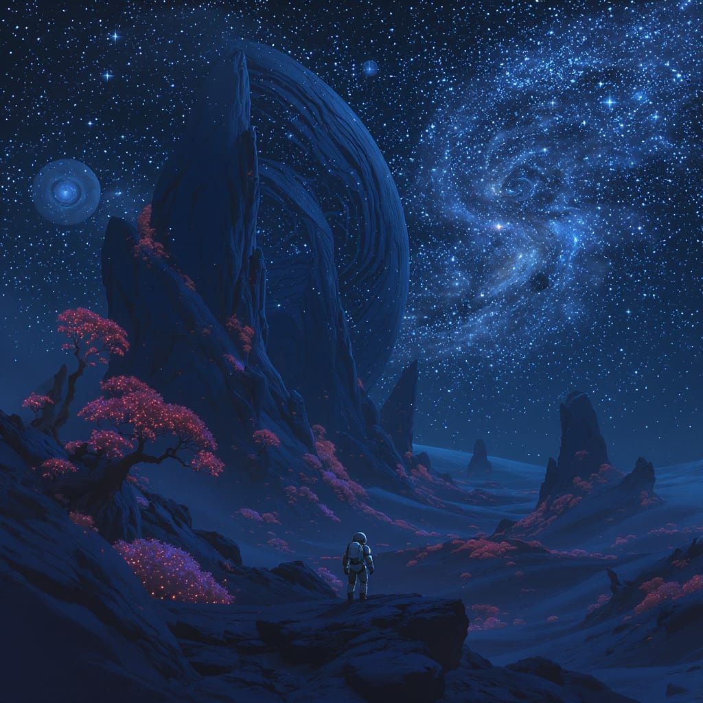 Astronaut Explores Bioluminescent Alien World