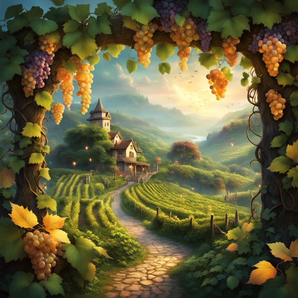 Whimsical Fantasy Vineyard Blooms with Glowing Fruits in Rom...