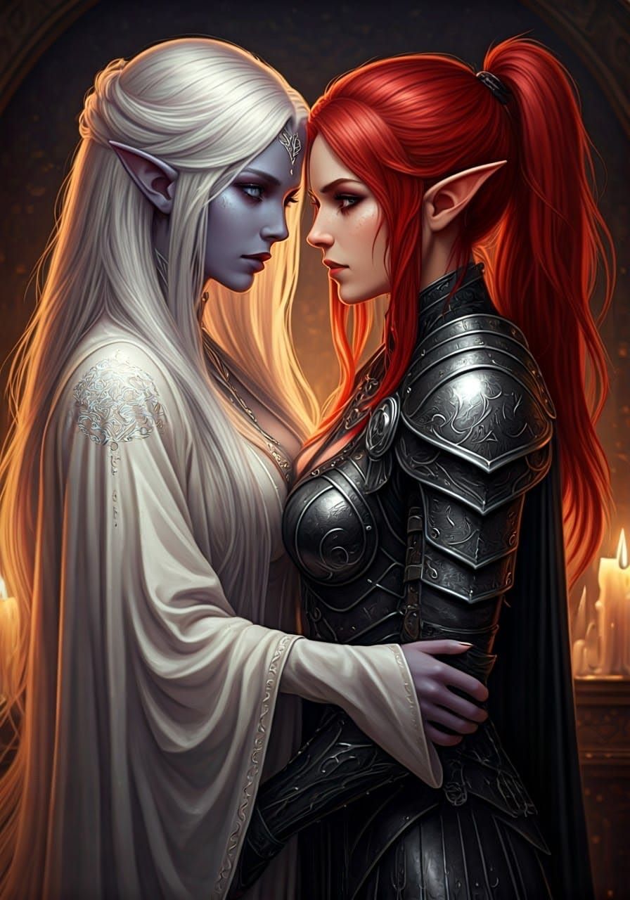 Ethereal Elves in Intimate Candlelit Embrace