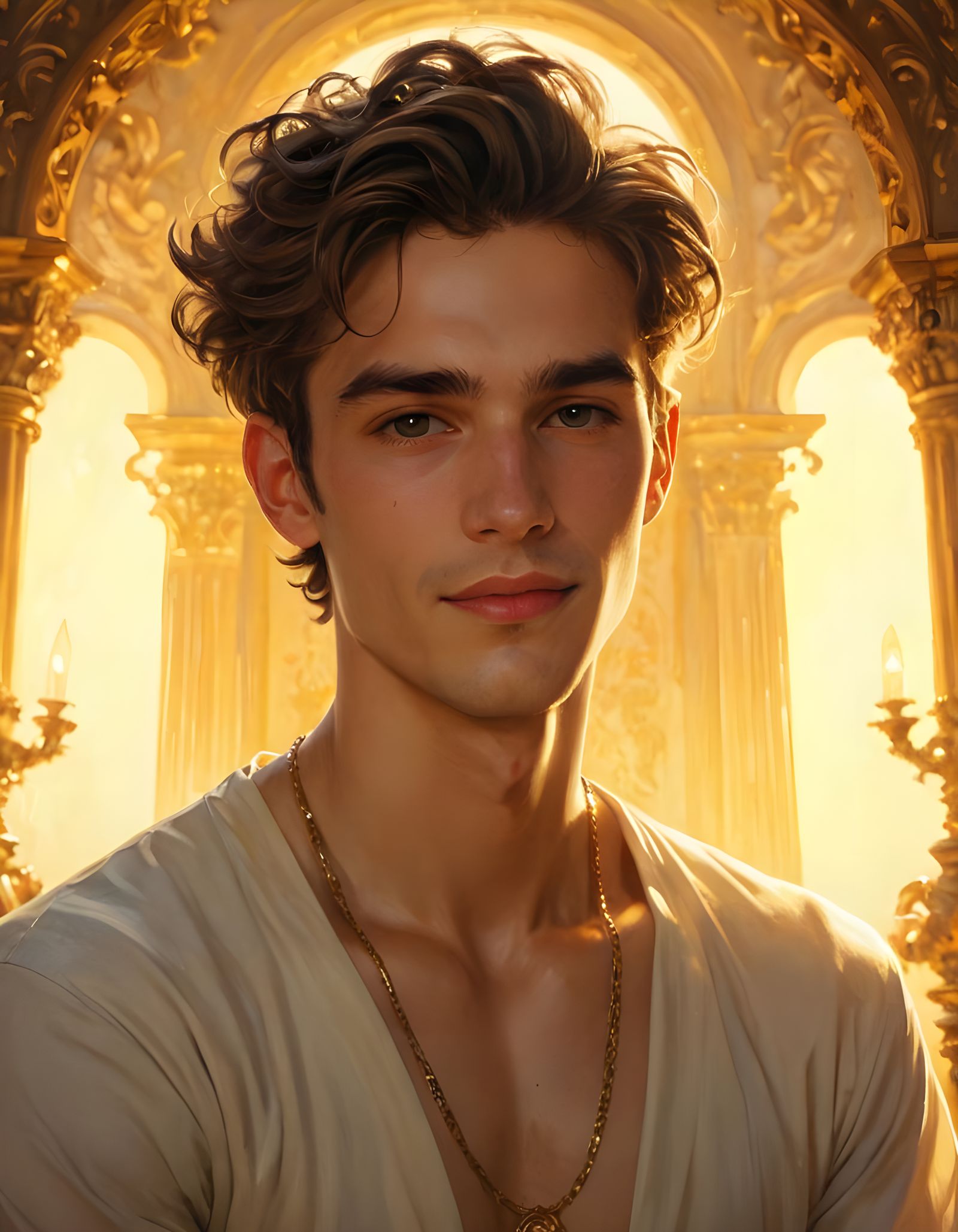 Ethereal Androgynous Figure in Baroque Chamber, Oil Painting