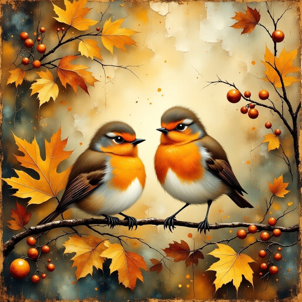 Autumnal Birds in Woodland Scene Oil Painting