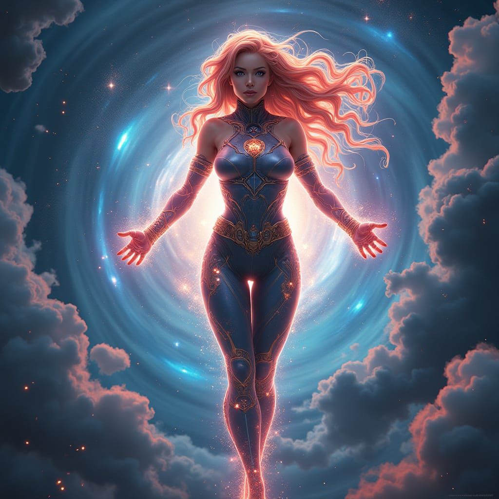 Superheroine in Dynamic Galaxy Pose with Intricate High-Tech...