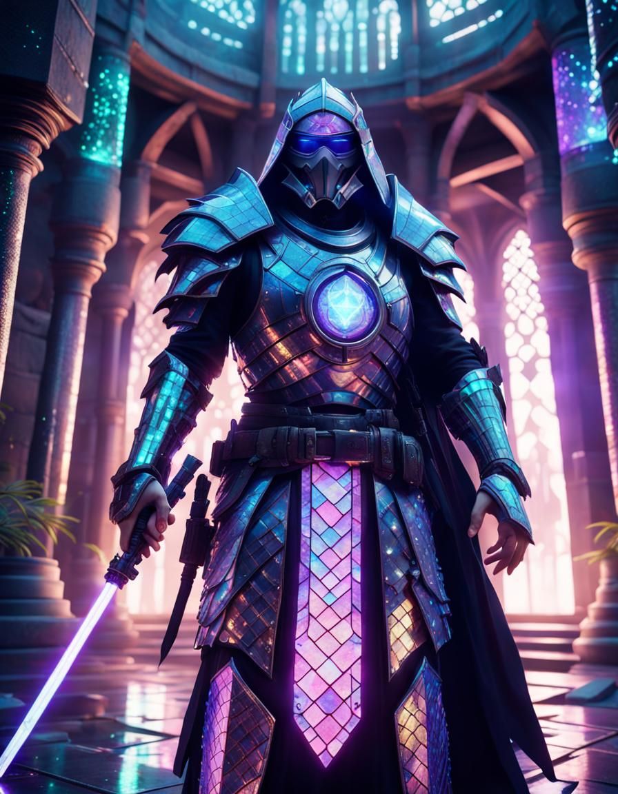 Cyberpunk Knight in Iridescent Dragon Scale Armor