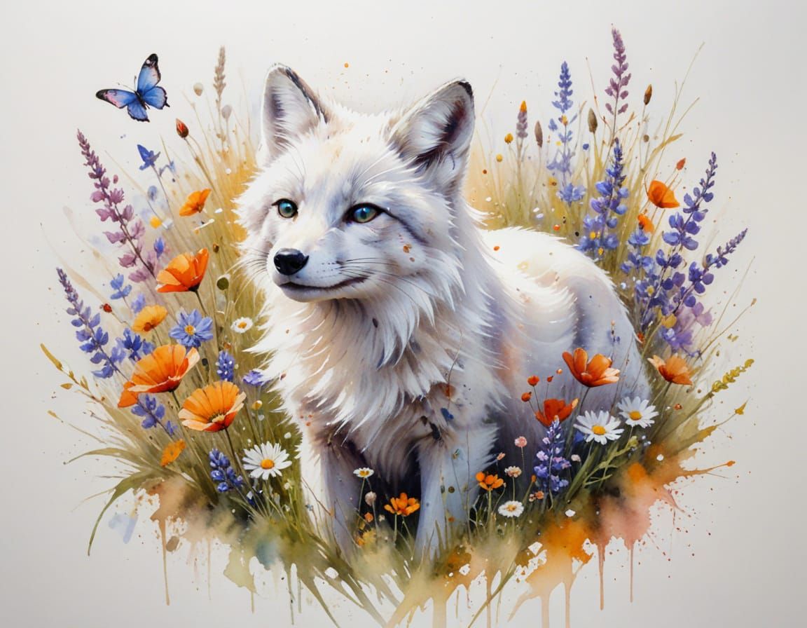 Arctic Fox with Wildflower Crown in Summer Meadow