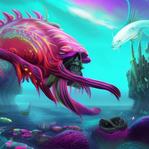 Neon Cyberpunk Sea Creatures in Detailed Painting