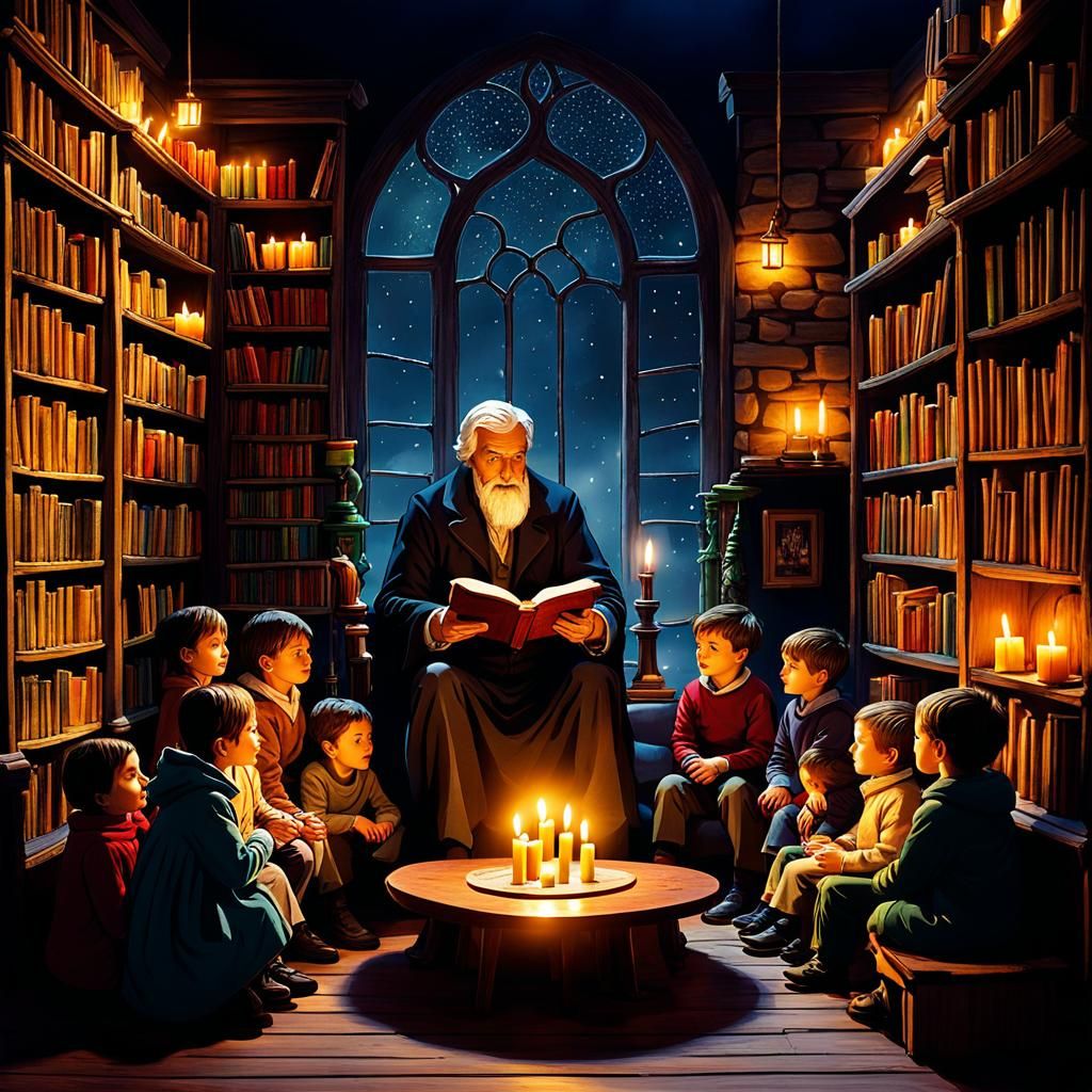 The Storyteller and Children in Cozy Bookshop
