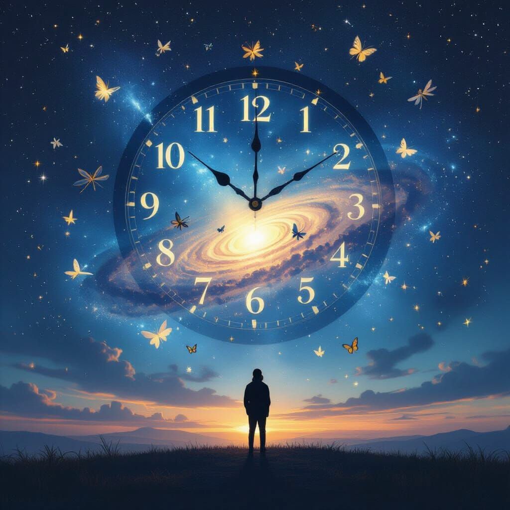 Surreal Universe Scene with Clock and Cosmic Signals