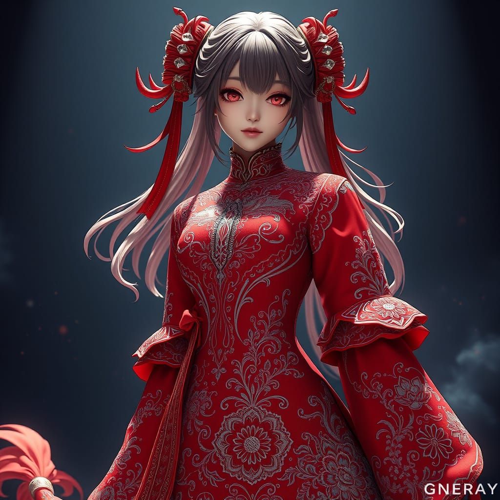 Intricately Embroidered, Ornate Red Dress in 8K Concept Art ...