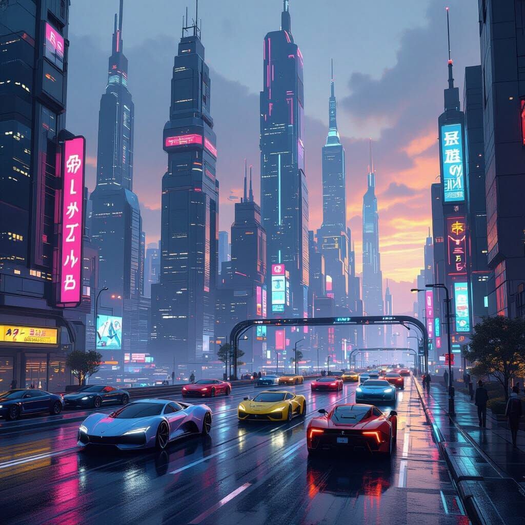 Cyberpunk Cityscape with Futuristic Cars