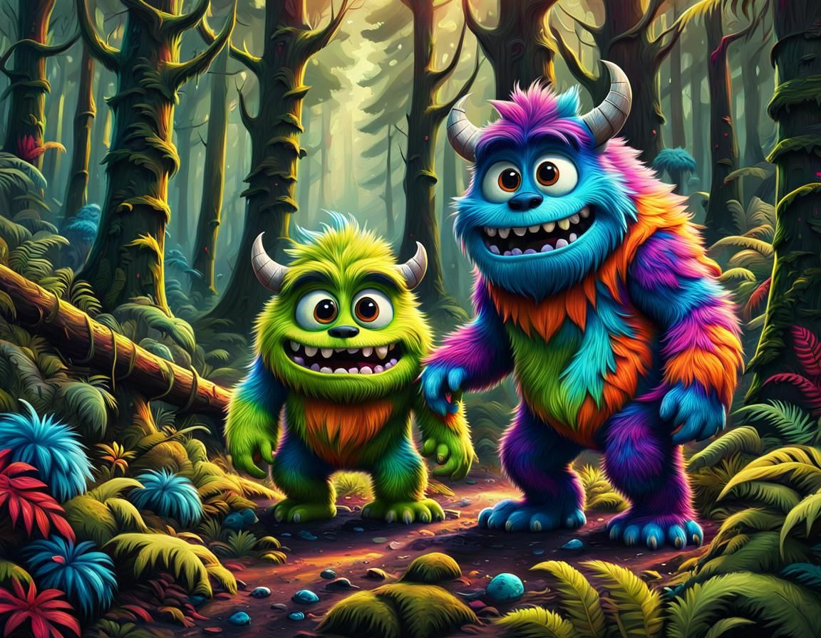 Pixar-Style Furry Monster Brothers in Forest
