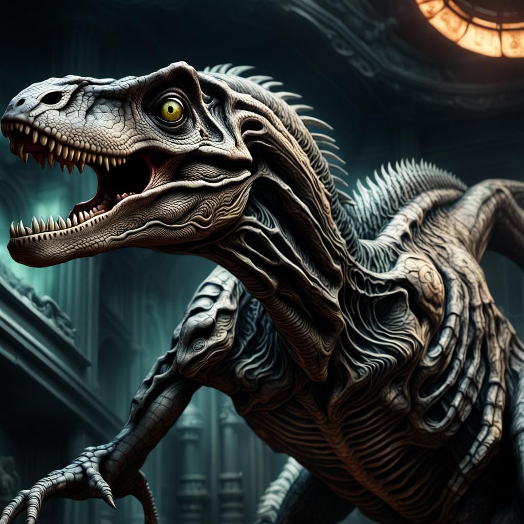 Decaying Velociraptor Attack in Art Nouveau Style