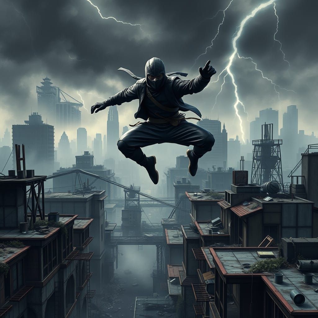 Sleek Ninja Leaps Through Dystopian City in Hyperrealistic S...