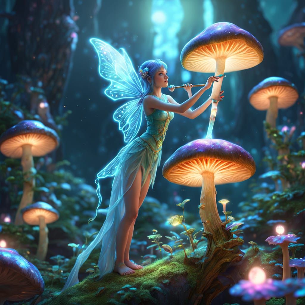 Bioluminescent Fairy Playing Flute: Ethereal Fantasy Art