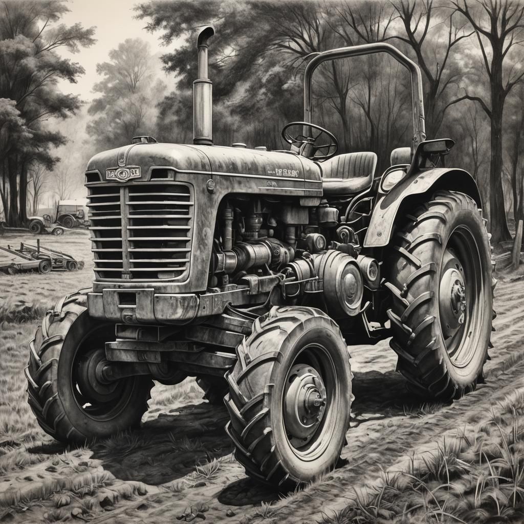 Hyperdetailed Charcoal Tractor Drawing