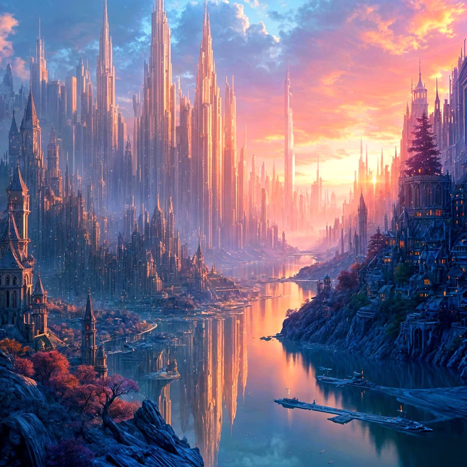 Surreal City of Glass and Light Reflects Sunset