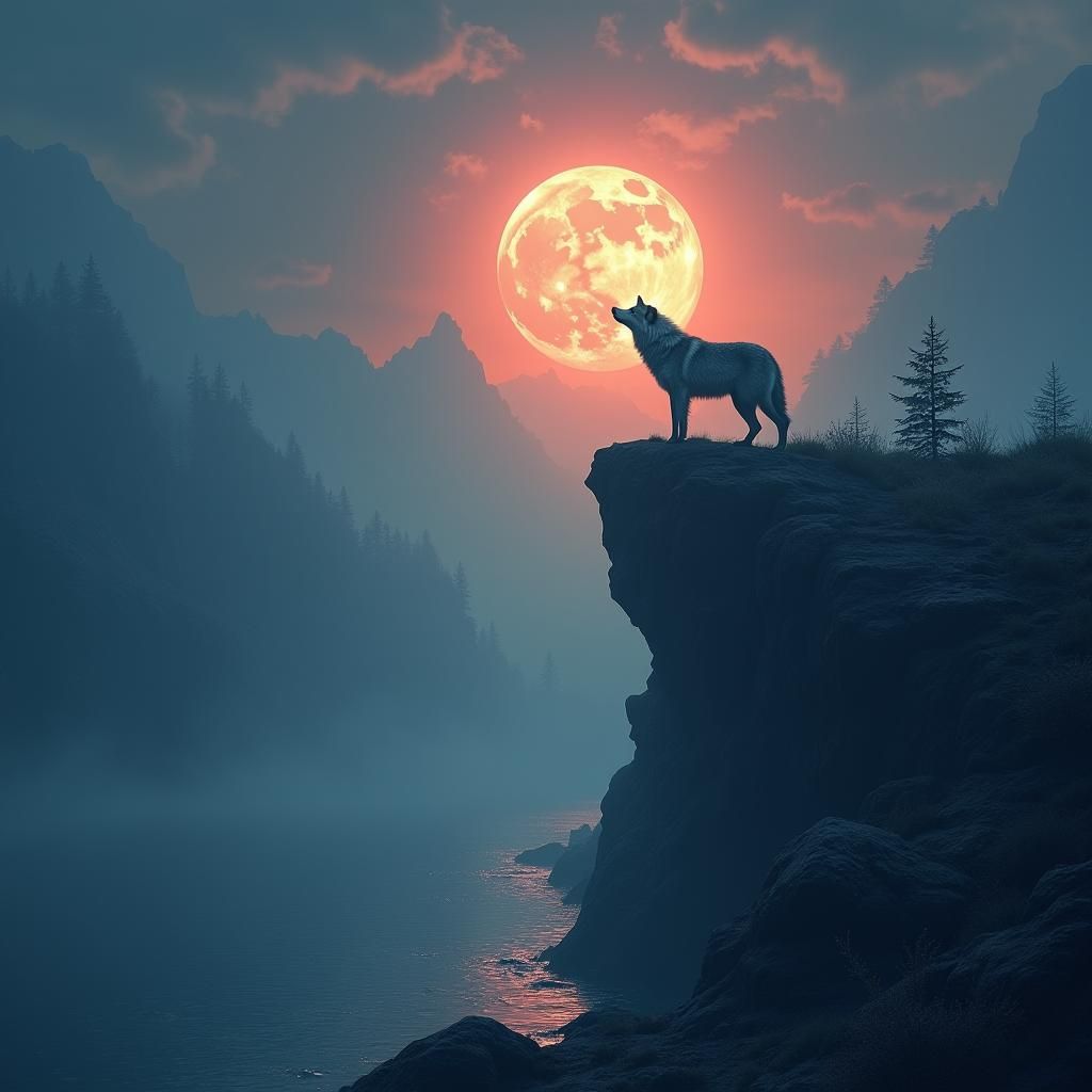 Wolf Howling Under Full Moon: Fantasy Matte Painting