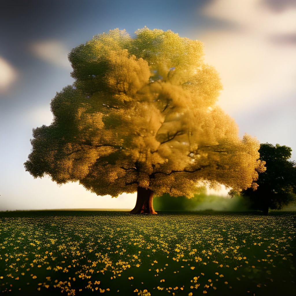 Giant Oak Tree in Field of Flowers