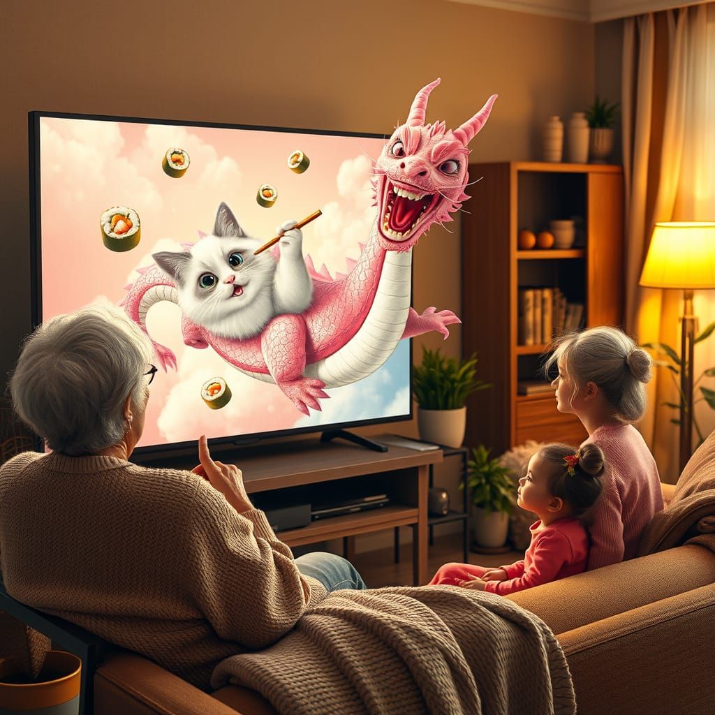 Cat Rides Dragon Eating Sushi on TV in Whimsical Scene