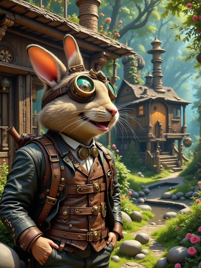 Steampunk Bunny in a Hyperrealistic Forest Scene