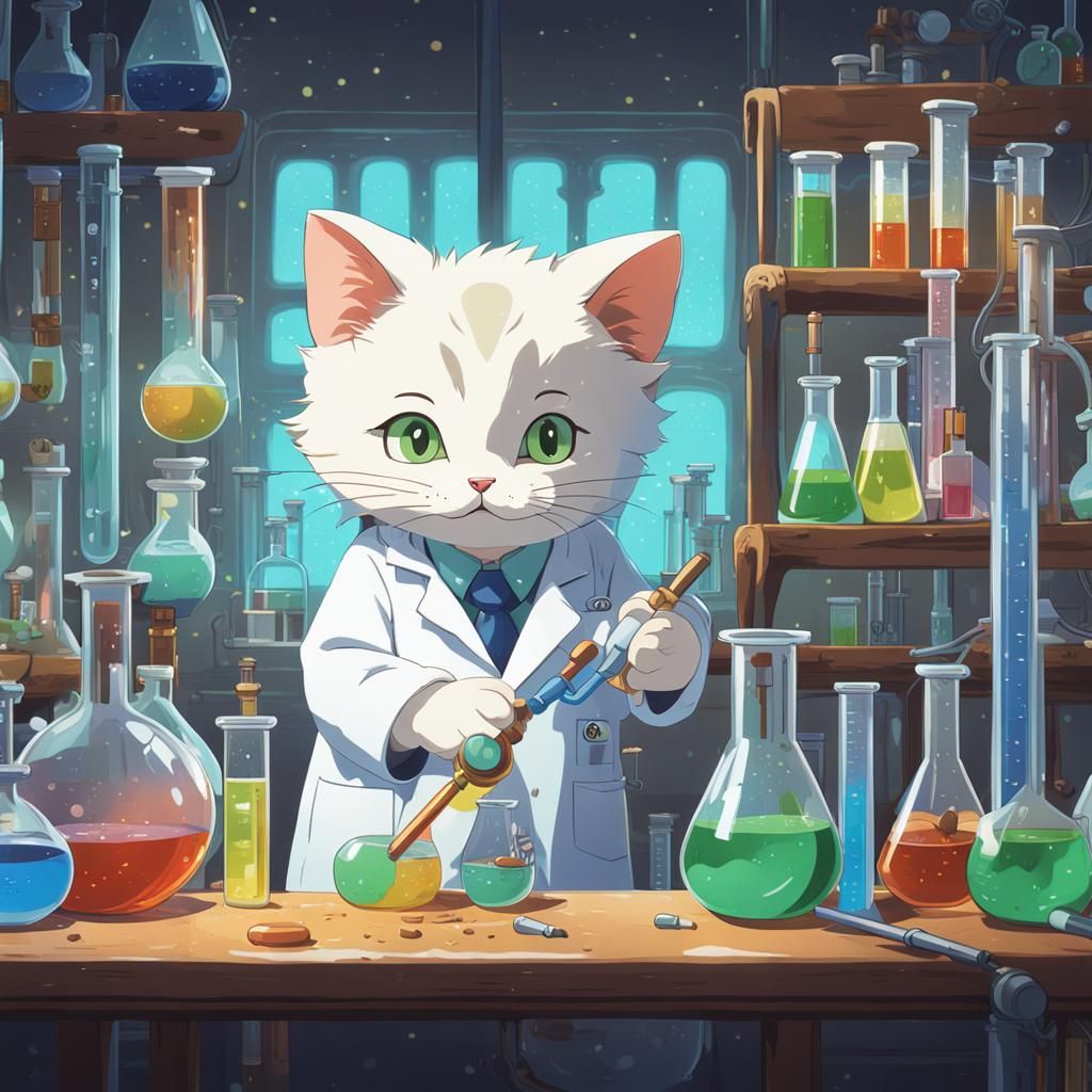 Scientist Cat in Laboratory, Anime Style