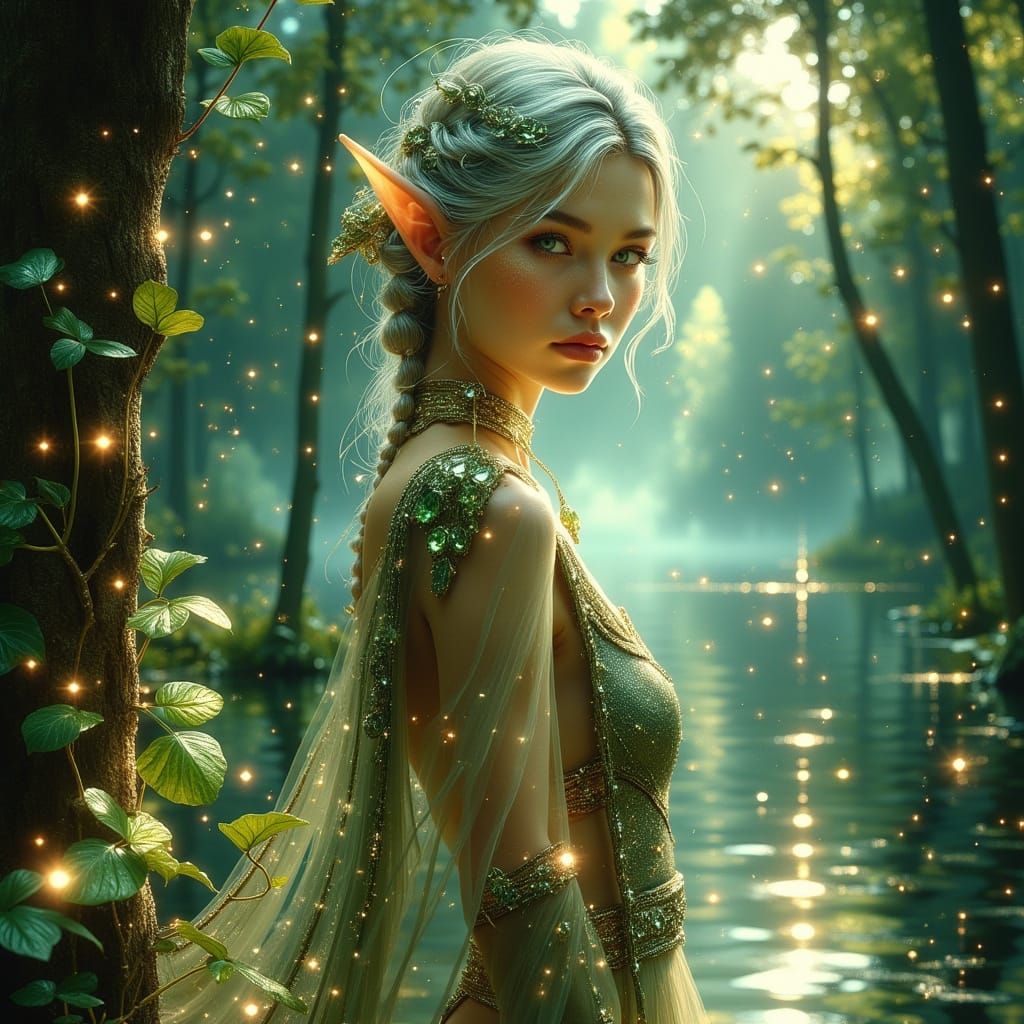 Ethereal Female Elf in Whimsical Moonlit Forest