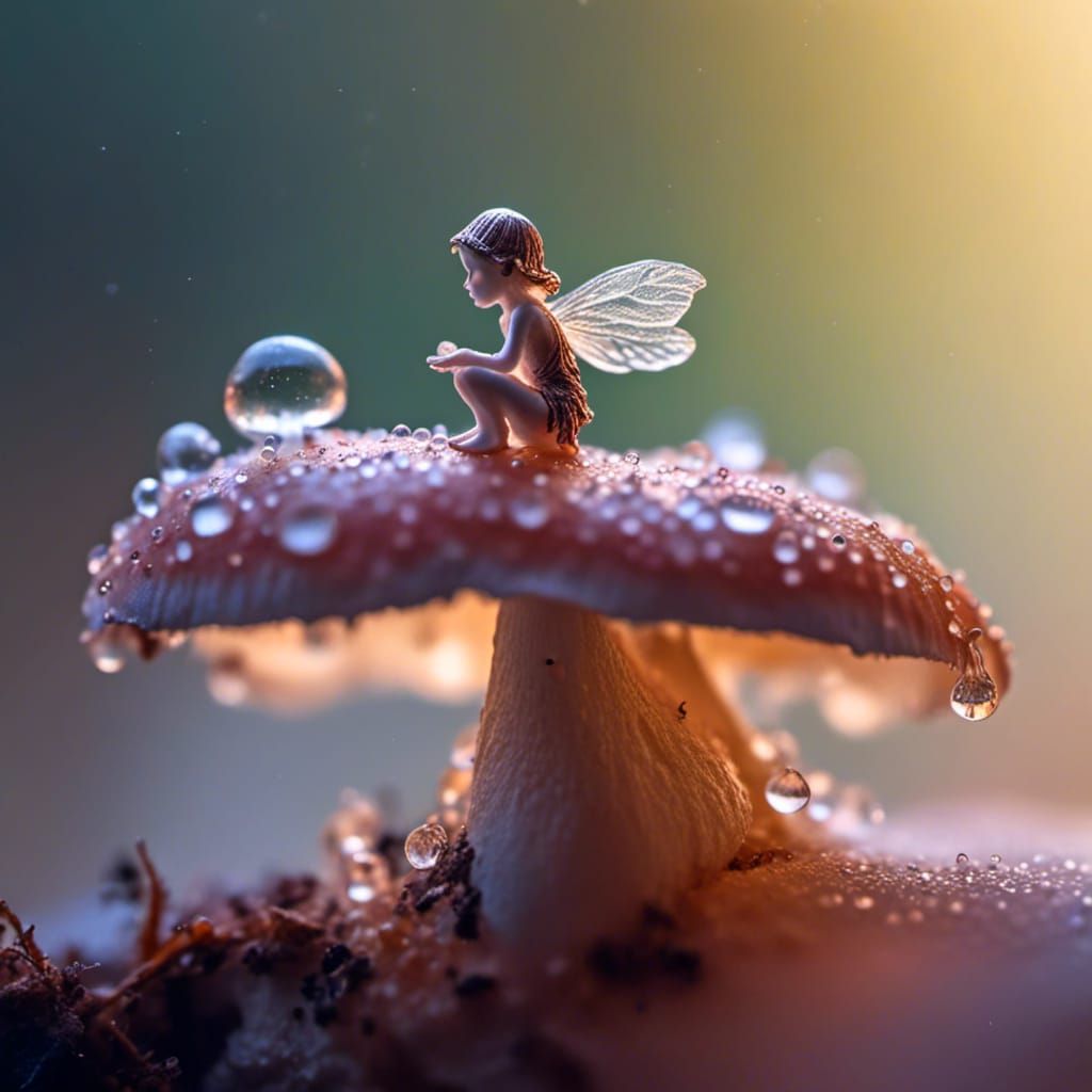 Macro Fairy on Mushroom in Morning Dew