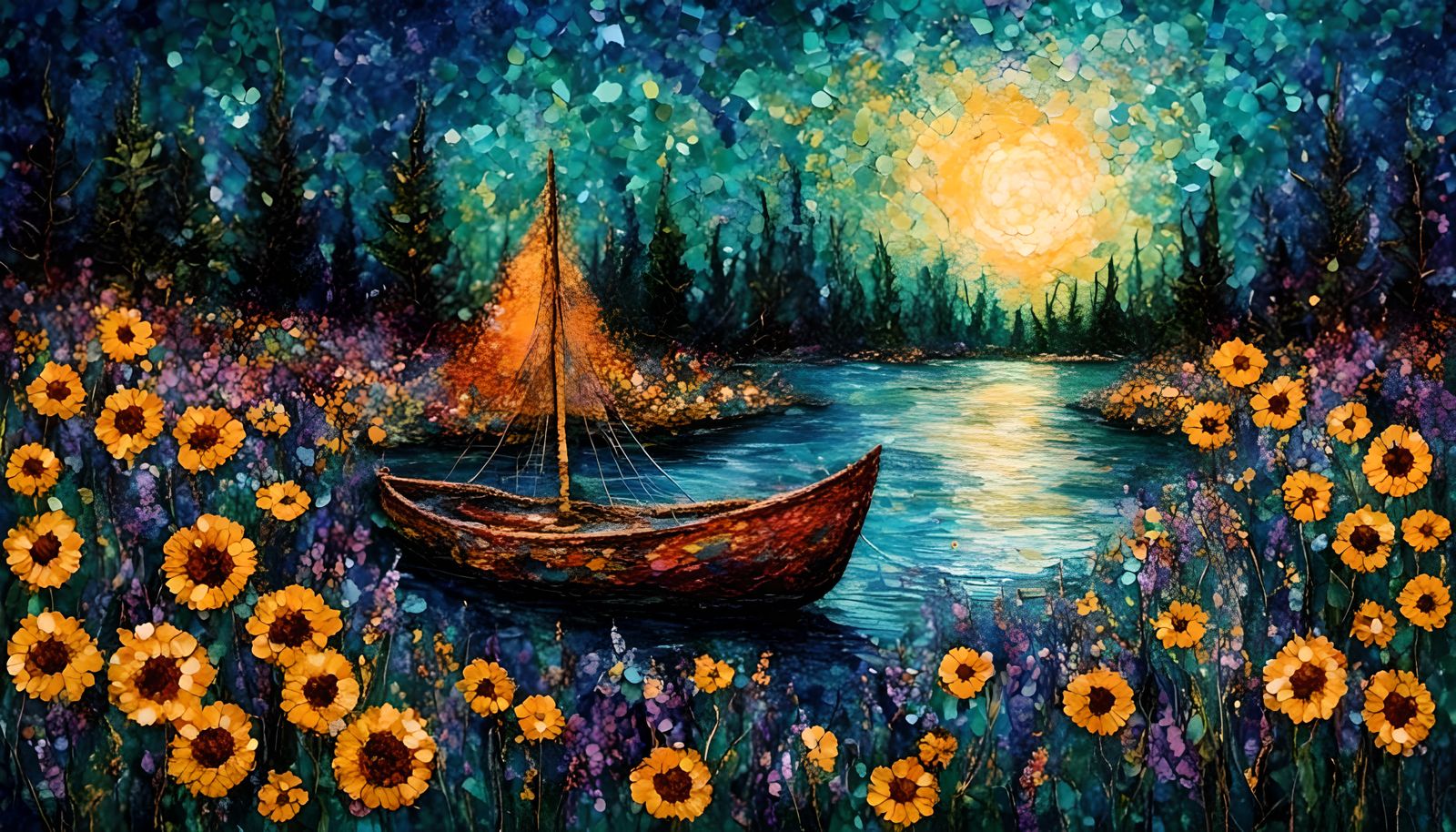 Yarn Boat Voyage Under Moonlight in Pointillism Style