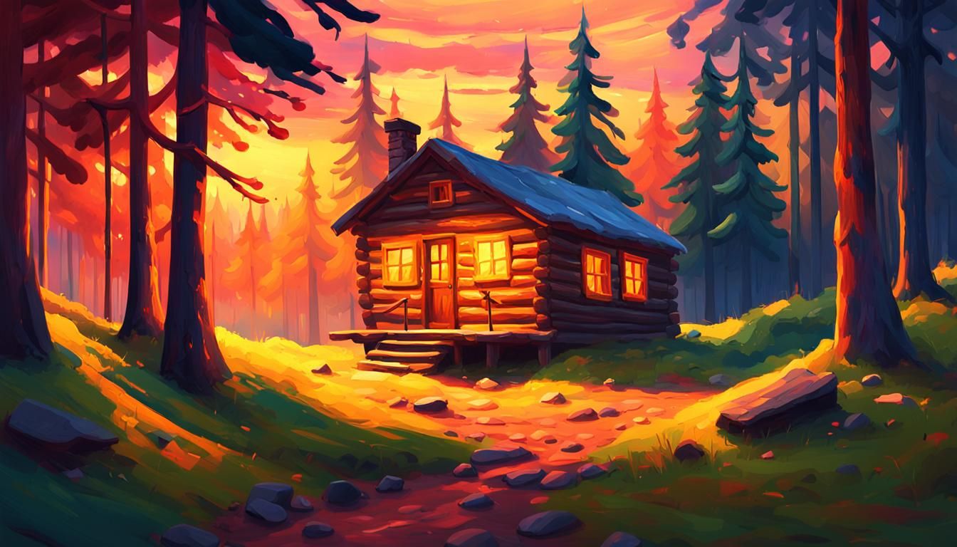 Glowing Cabin in Fauvist Landscape
