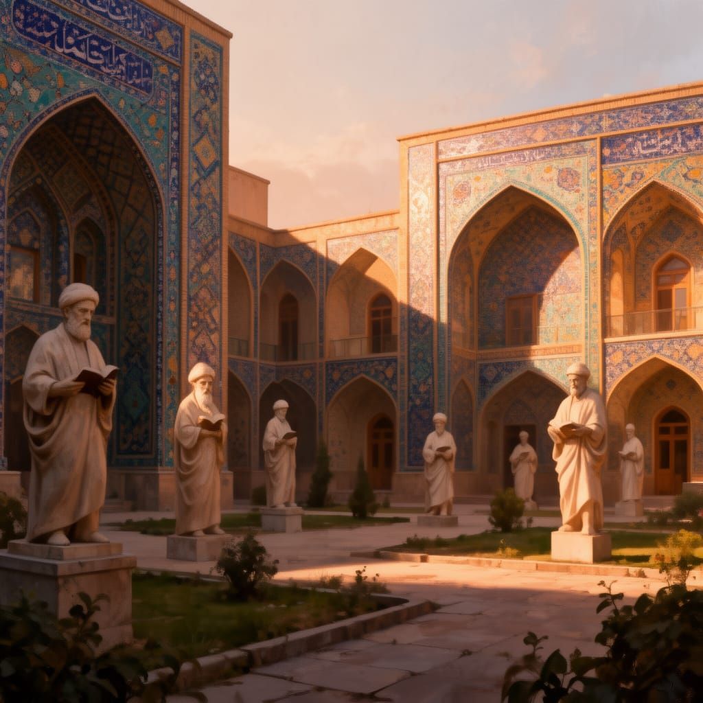 Persian University Campus with Poet Sculptures in Warm Sunli...