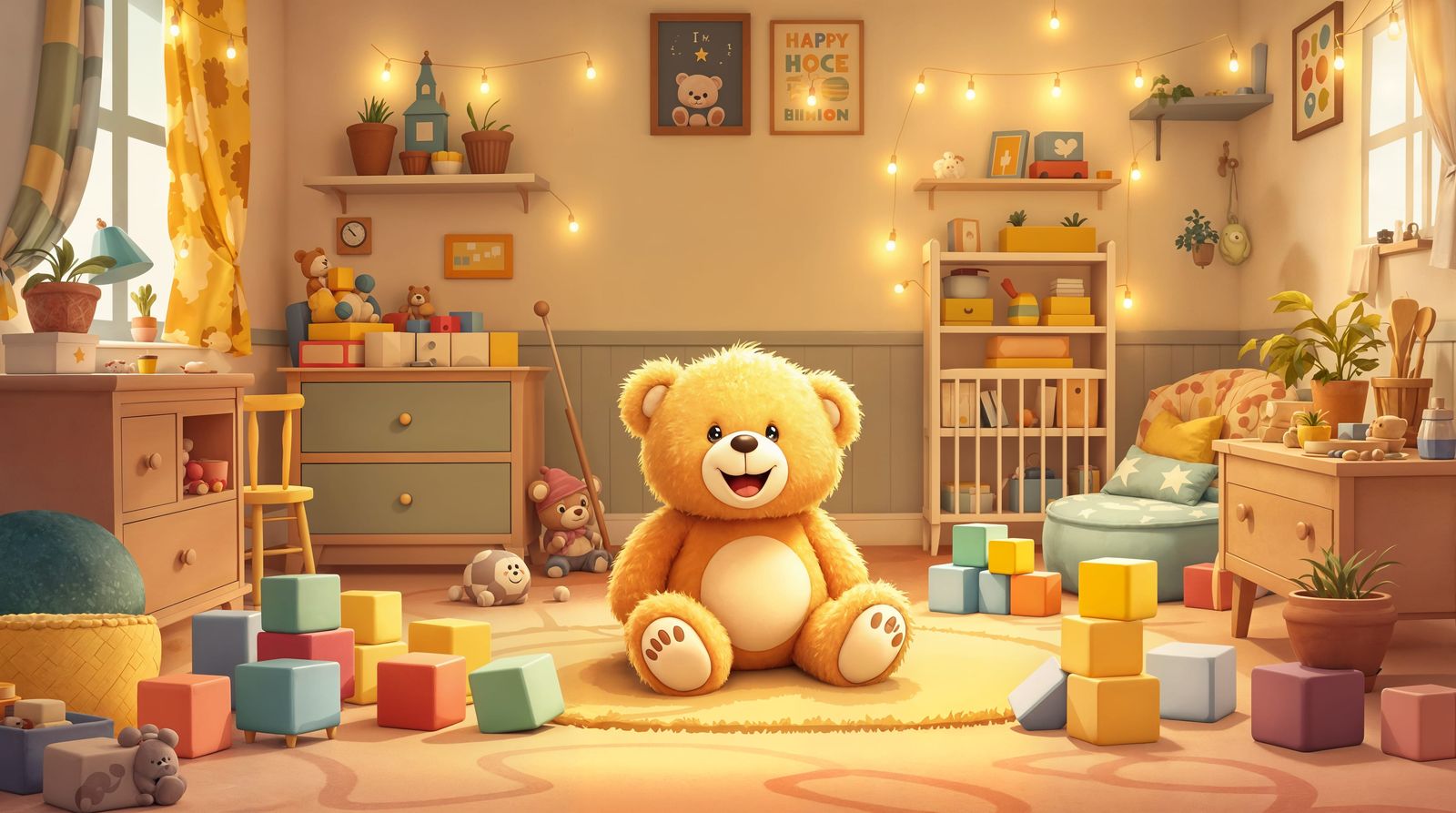 Cozy Teddy Bear's Playroom in Charming Watercolor Style