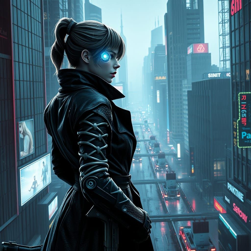 Cyborg Detective in Dystopian Cityscape