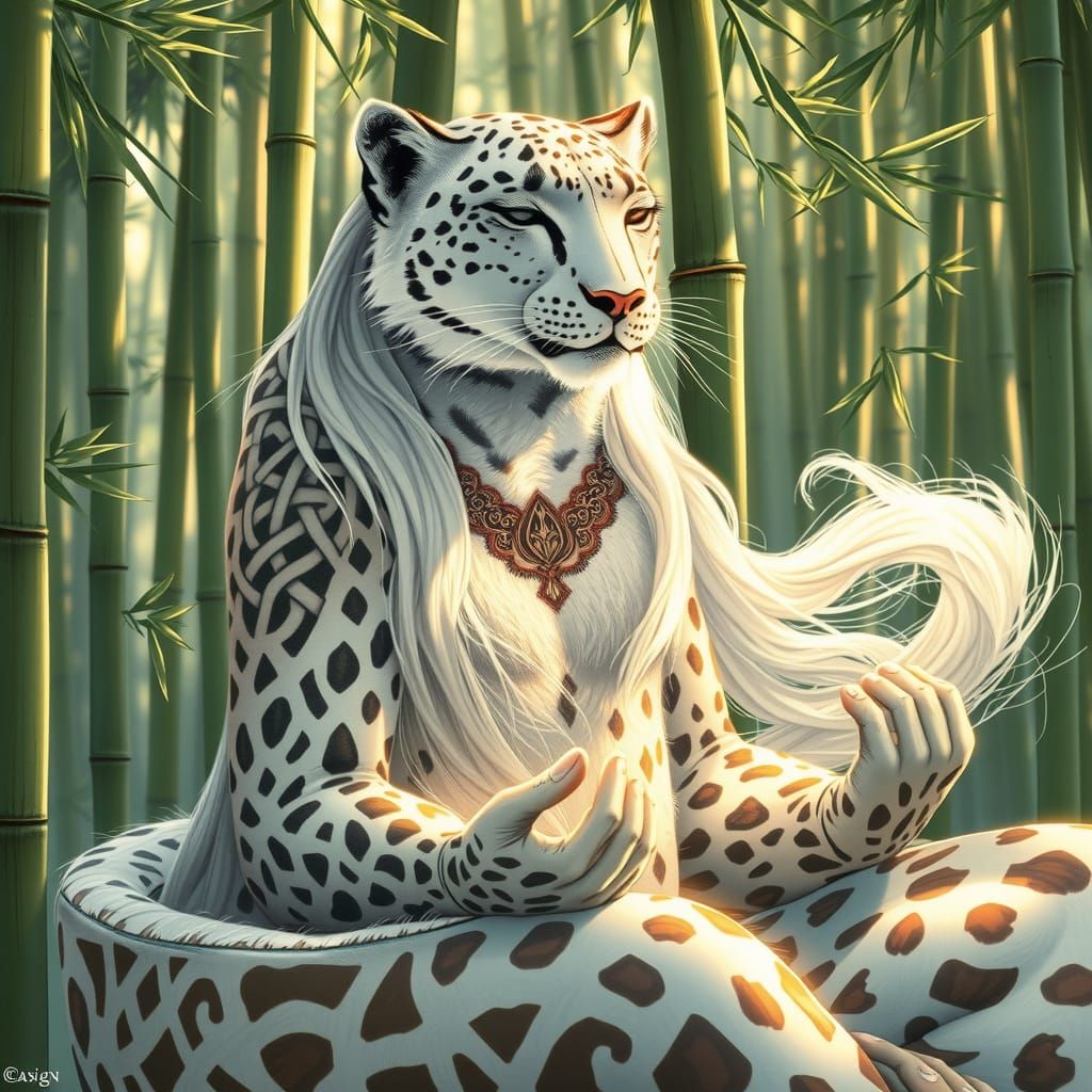 Serene Snow Leopard Woman in Celtic Art Nouveau Style