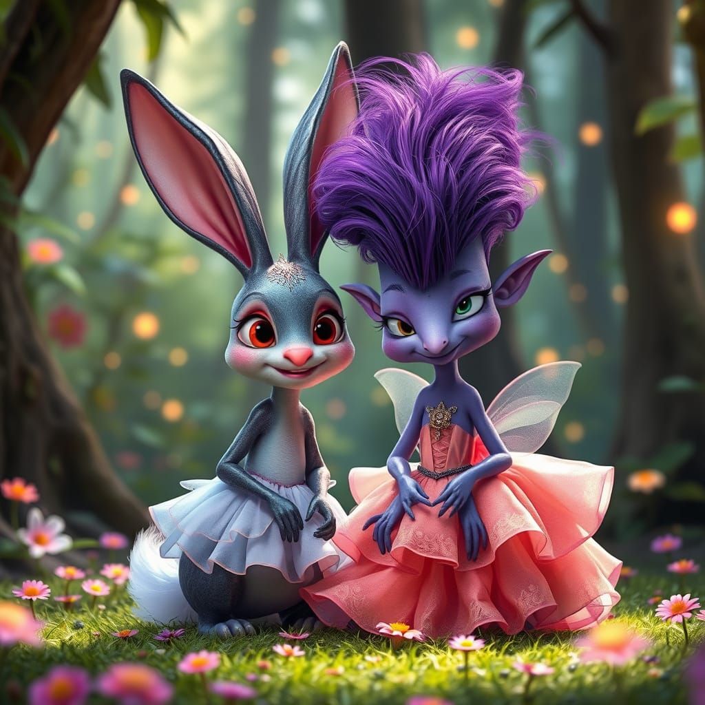 Pastel Bunny and Alien in Pixar-Inspired Forest