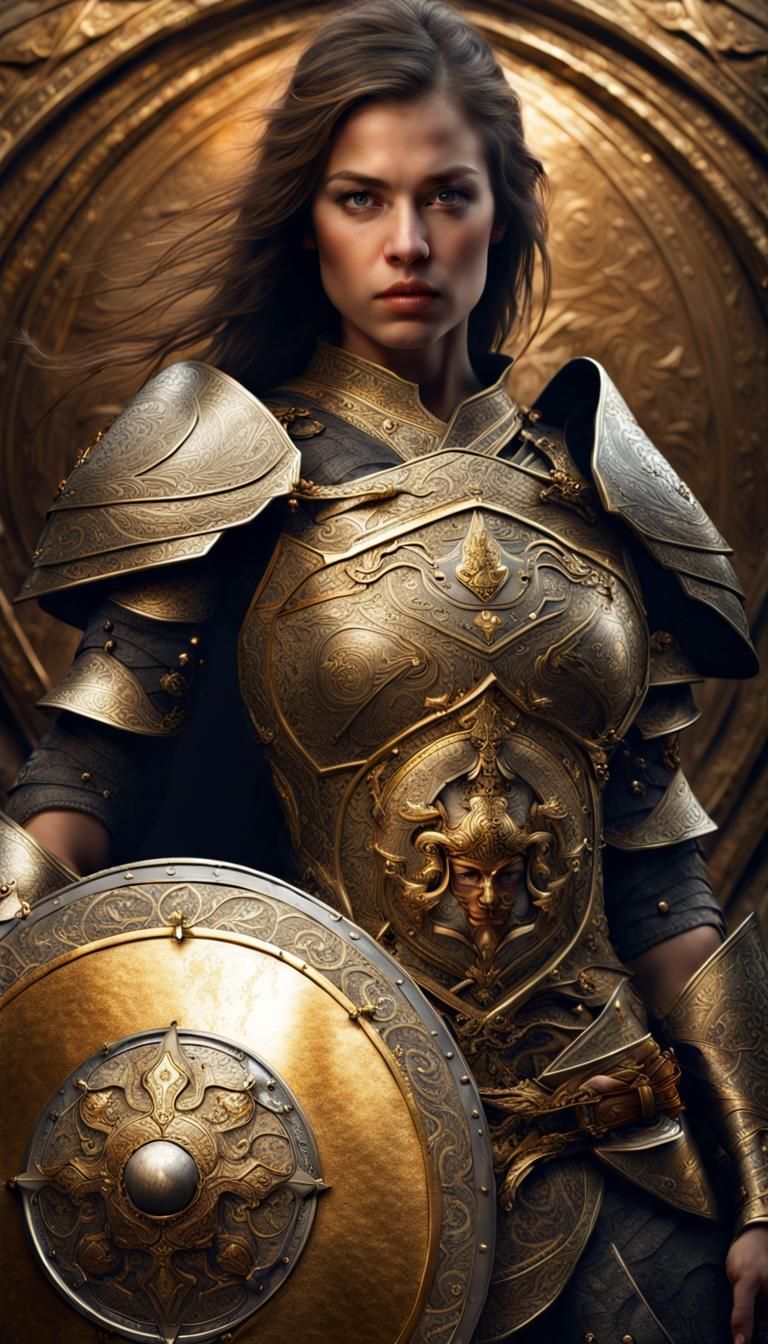 Female Fighter with Intricate Shield, Hyperrealistic HDR