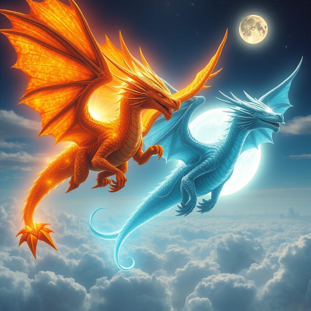 Sun and Moon Dragons Soaring Through Sky