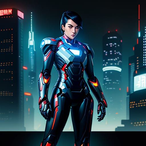 Sleek Female Cop Stands Confidently with UFO in Futuristic C...