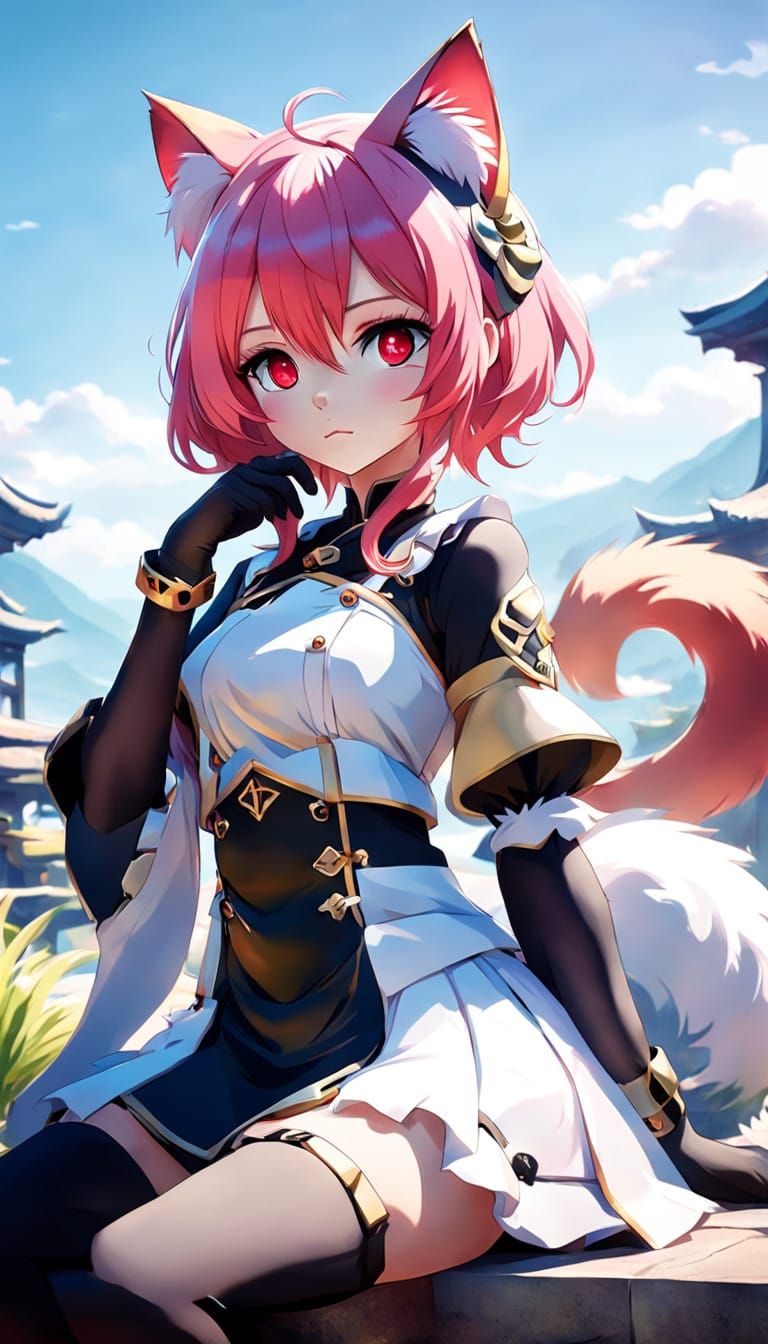 Anime Girl with Red Eyes and Pink Hair in Gentle Repose