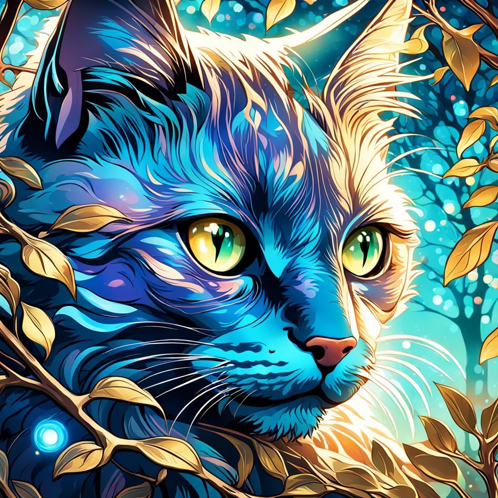 Dreamy Art Nouveau Portrait of Cat in Tree